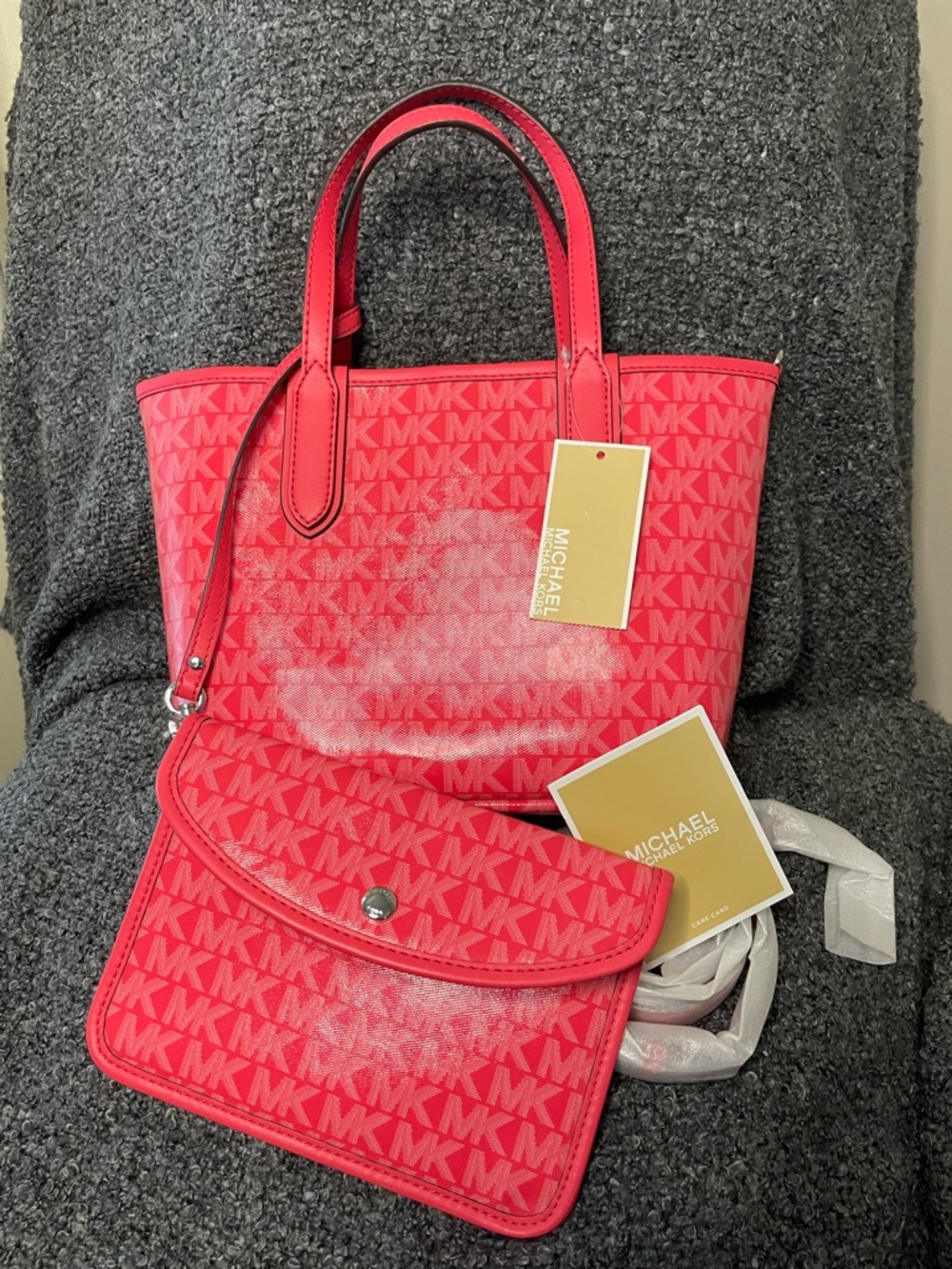 Michael Kors Geranium MK Signature Tote with Matching Crossbody strap and Pouch